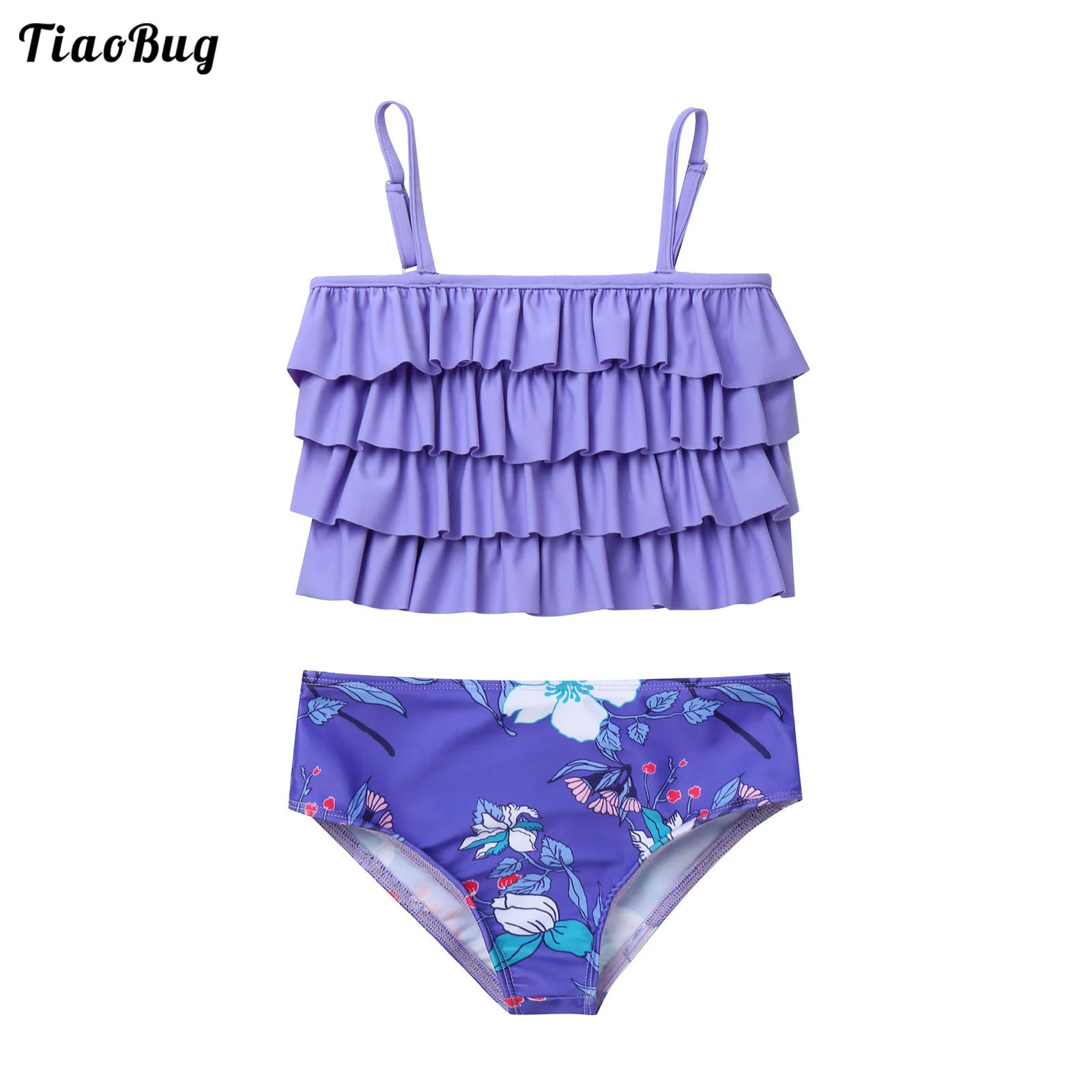 

Summer 2Pcs Kids Girls Floral Print Swimwear Adjustable Spaghetti Straps Layered Ruffle Hem Adorned Top And Bottoms Set Bikini