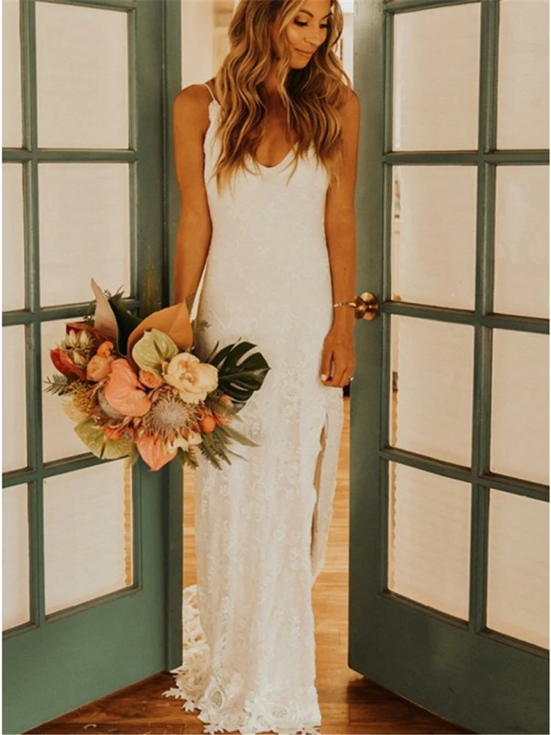 Exquisite V-neck Sleeveless Split Front Lace Wedding Dress For Bride Spaghetti Strap Beach Boho Bridal Gowns Custom Made 
Exquisite V-neck Sleeveless Split Front Lace Wedding Dress For Bride Spaghetti Strap Beach Boho Bridal Gowns Custom Made