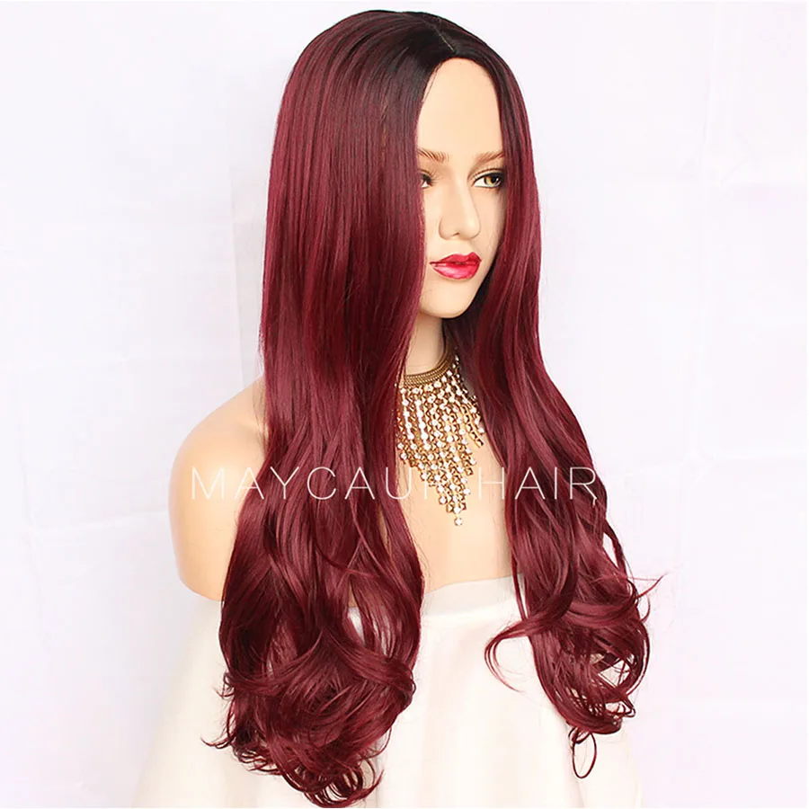 Maycaur Ombre Color Burg Red Wigs Synthetic Heat Resistant Hair Wig 4 Inch Middle Part Long Wavy Glueless Synthetic Wigs For Black Woman (7)