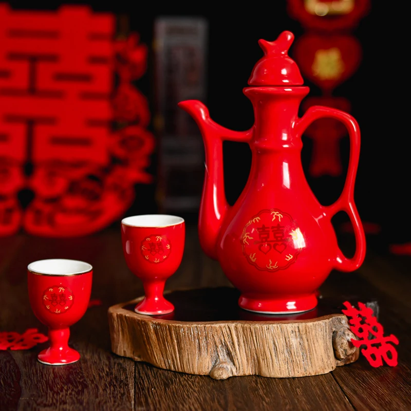 

Chinese wedding marriage wine fagon pot bottle cup ceramic red festival creation barware set banquet gift marriage celebration