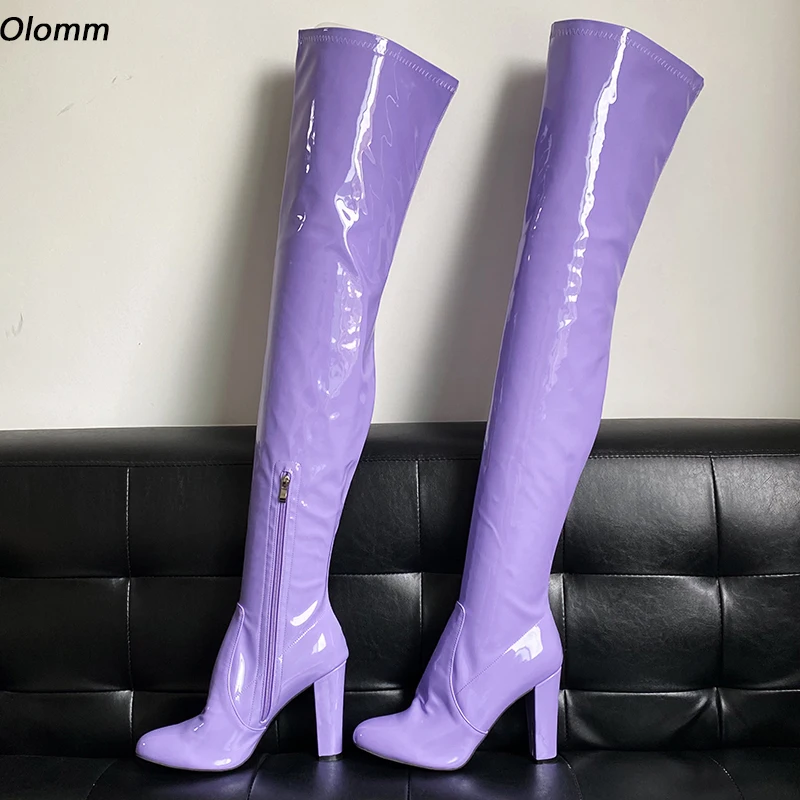 

Olomm Women Winter Over The Knee Boots Square High Heels Boots Nice Round Toe Gorgeous Purple Party Shoes Women US Size 5-20