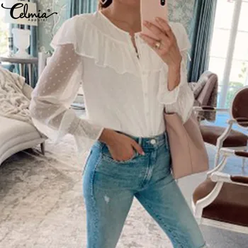 2020 Celmia Women Elegant Blouse Fashion Flare Sleeve Casual Shirts Buttons Ruffles Top Loose Solid See-through Sheer Blusas 5XL
2020 Celmia Women Elegant Blouse Fashion Flare Sleeve Casual Shirts Buttons Ruffles Top Loose Solid See-through Sheer Blusas 5XL