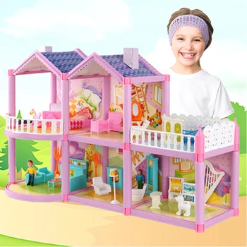 

2020 Pink DIY Doll Family House For Princess Candy Houses Villa Castle With Furnitures Simulation Dream Girl Toy For Kids Gift