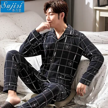 Fall New Style Men's Trendy Plaid Large Size Cardigan Warm Pajamas Lapel Student Comfortable Cotton Home Service Two-piece Suit 
Fall New Style Men's Trendy Plaid Large Size Cardigan Warm Pajamas Lapel Student Comfortable Cotton Home Service Two-piece Suit