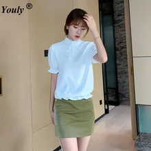 

White Elegant Blouse Workwear Flounce Shoulder Tied Neck Stand Collar Ruffle Blouse Summer Women Weekend Casual Shirt Top