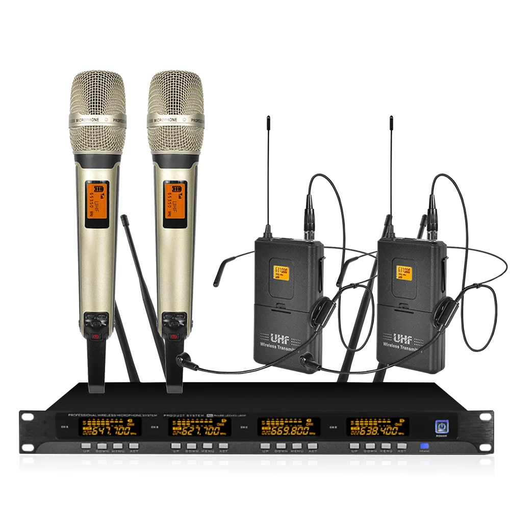 Orban 4-channel UHF wireless microphone system with 2 handheld and 2 headsets for conference room presentations
Orban 4-channel UHF wireless microphone system with 2 handheld and 2 headsets for conference room presentations