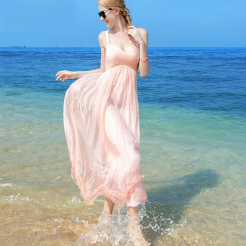 

Silk Dresses Women Elegant Pink Beach dress Shell 100% silk Fashion Long dress Lady High Quality Clothing HOT Selling