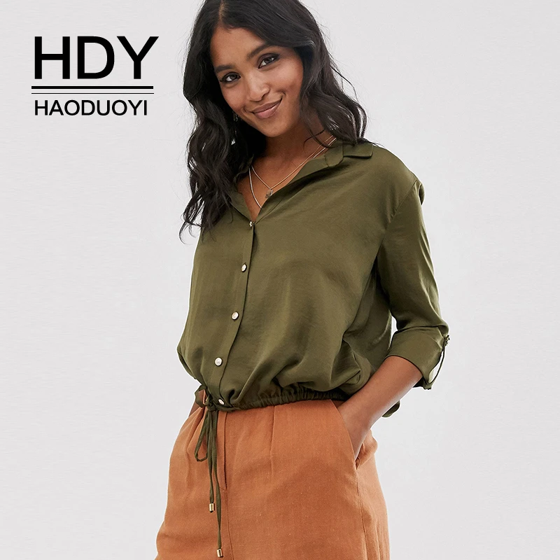 

HDY Haoduoyi Simple OL Style Daily Drawstring Tie Hem Curled Seven-point Sleeve Satin Solid Color Button Women Shirt