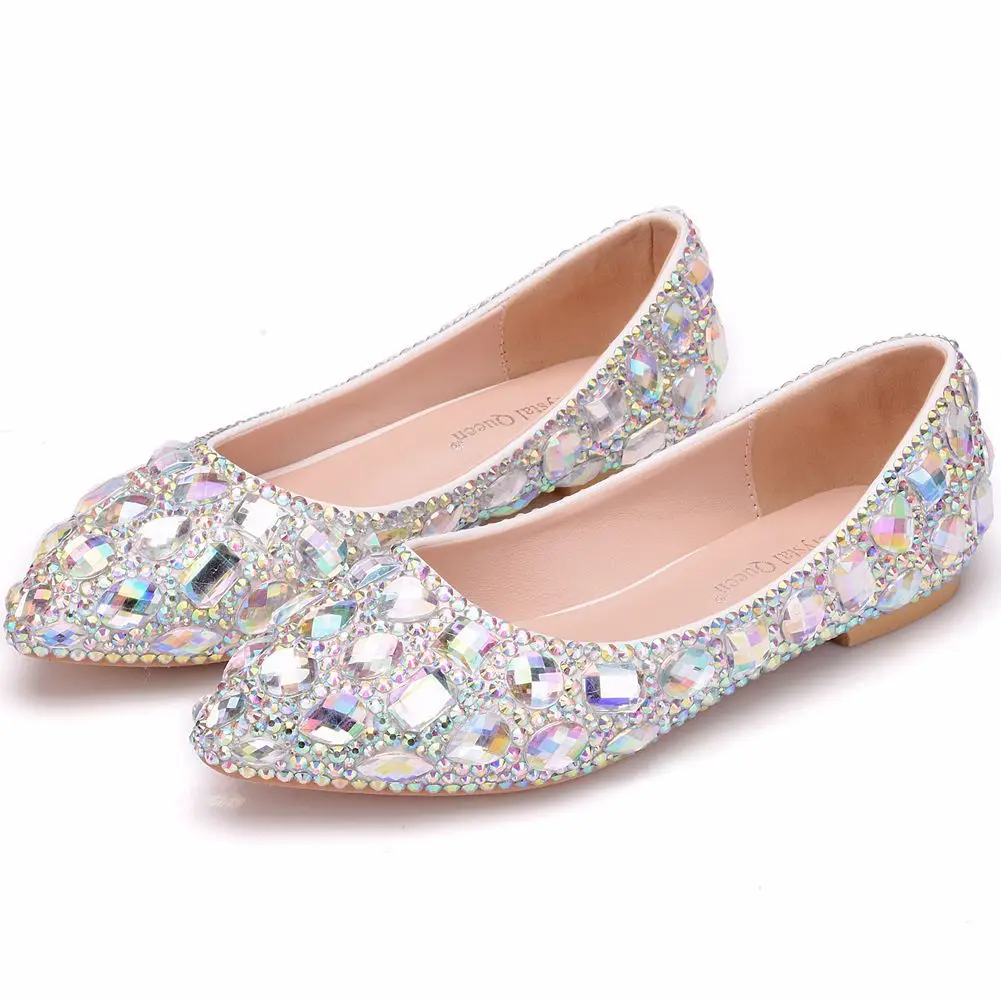 

Women AB Crystal Bridal Wedding Shoes Color Rhinestone Bling Bridesmaid Flat Banquet Dress Shoes White Large size Pointed Toe