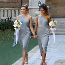 

Light Gray Short Bridesmaid Dresses One Shoulder Slit Wedding Party Dress Simple Garden Sister Gown vestidos de dama de honor