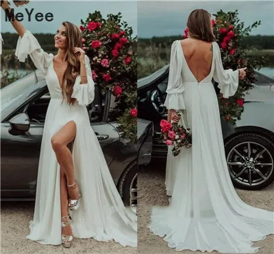 Cheap Boho Chiffon Wedding Dresses 2020 Deep V Neck Long Sleeves Backless Side Split Vestido de noiva Long Beach Bridal Gowns
Cheap Boho Chiffon Wedding Dresses 2020 Deep V Neck Long Sleeves Backless Side Split Vestido de noiva Long Beach Bridal Gowns
