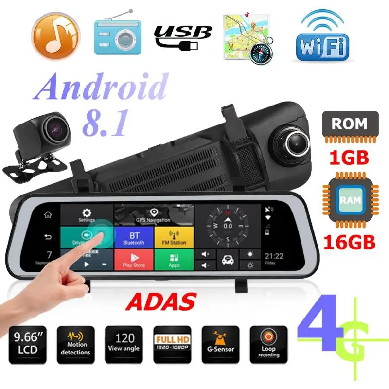9.66 Inch 4G Android 8.1 Car Rearview Mirror DVR Camera GPS Navi Dash Cam Double lens G-sensor/Bluetooth/WiFi /ADAS Function Hot
9.66 Inch 4G Android 8.1 Car Rearview Mirror DVR Camera GPS Navi Dash Cam Double lens G-sensor/Bluetooth/WiFi /ADAS Function Hot
