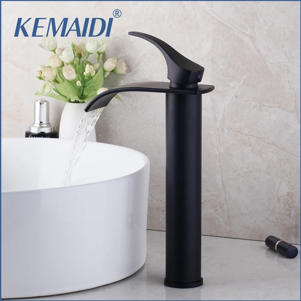

KEMAIDI Black Waterfall Basin Sink Faucet Bathroom Mixer Tap Wide Spout Vessel Sink Faucets Hot Cold Water Taps Deck Mounted