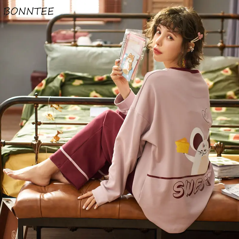 Pajama Sets Women Kawaii Print Chic Ulzzang Soft Spring Fall Lady Pjs Sleepwear Oversize Popular Ins Loose Preppy Girls Homewear | Женская