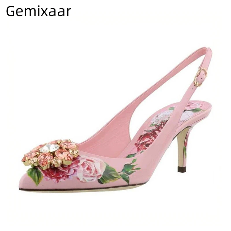 Sweet Spring Pink Printed Rose Flower Mary Janes Back Strap Thin Heels Slingback Pointed Toe Rhinestone Bcukle Shoes Woman
Sweet Spring Pink Printed Rose Flower Mary Janes Back Strap Thin Heels Slingback Pointed Toe Rhinestone Bcukle Shoes Woman