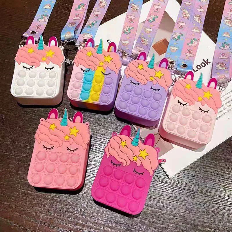 

Cute Unicorn Silica Gel Children Crossbody Coin Purse Portable Card Bag Push Bubble Anti Stress Reliver Fidget Toys Kids Gift