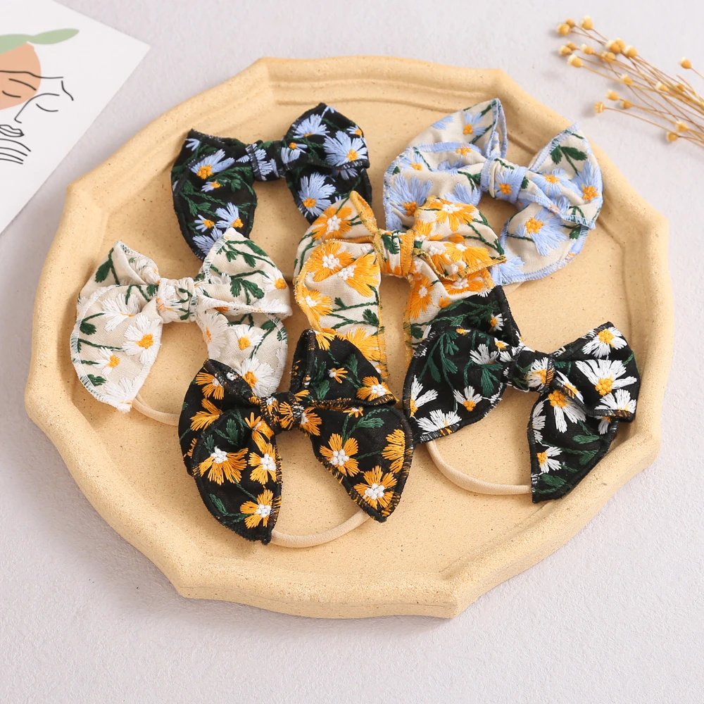 

36pc/lot 4" Flower Embroidery Hair Bow Headband Baby Girls Lace Bow Hair Clips Newborn Curled Edge Bow Nylon Headbands Hairpins