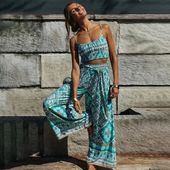 

Jastie Boho Vintage Pattern Print Women 2 Piece Set Spring 2020 Midriff Baring Wide Leg Pant Retro Chic Beach Vacation Women Set