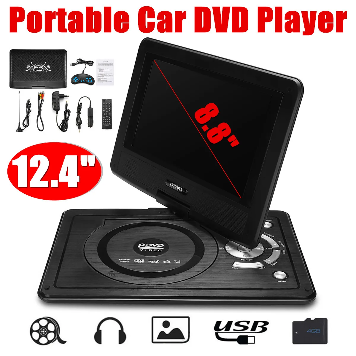 12.4" DVD Player Portable Car DVD Player VCD CD MP3 Portable Game Remote Control Swivel Screen USB SD With DVD/CD ROM RW Case
12.4" DVD Player Portable Car DVD Player VCD CD MP3 Portable Game Remote Control Swivel Screen USB SD With DVD/CD ROM RW Case
