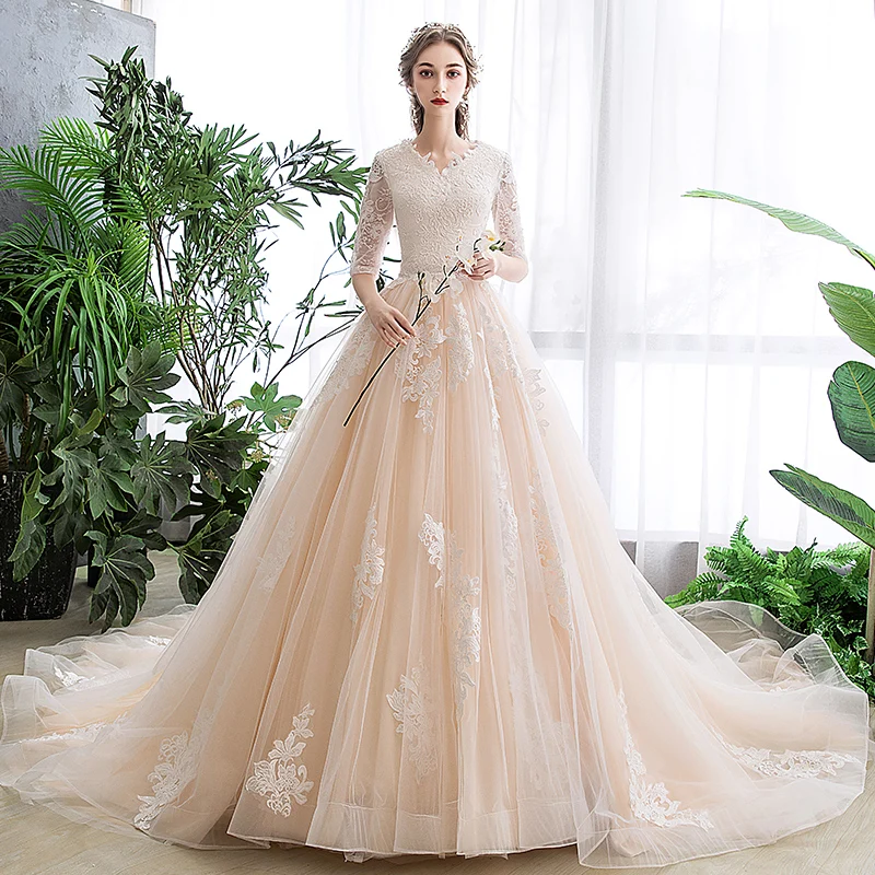 

Luxury Wedding Dress Champagne Tulle Lace Appliques Half Sleeve Corset Wedding Bridal Gown Long Robe De Mariage Princesse Traine