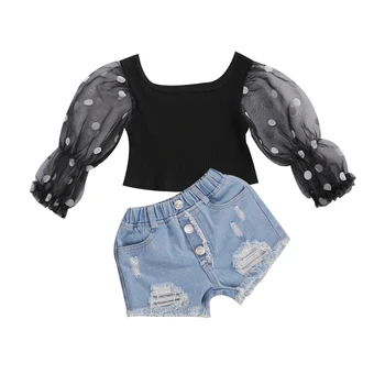Girls Outfits 2-Piece Polka Dot Mesh Bubble Sleeve Top + Buttons Hole Denim Shorts Suit Girls Clothing Set Black Children Suits
Girls Outfits 2-Piece Polka Dot Mesh Bubble Sleeve Top + Buttons Hole Denim Shorts Suit Girls Clothing Set Black Children Suits
