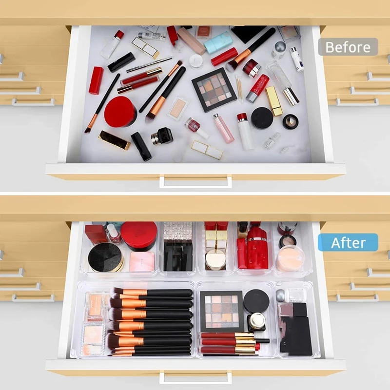 Set Of 12 Desk Drawer Organizer Trays with 3-Size Clear Plastic Storage Boxes Divider Make-Up Organiser for Office Set Of 12 Desk Drawer Organizer Trays with 3-Size Clear Plastic Storage Boxes Divider Make-Up Organiser for Office