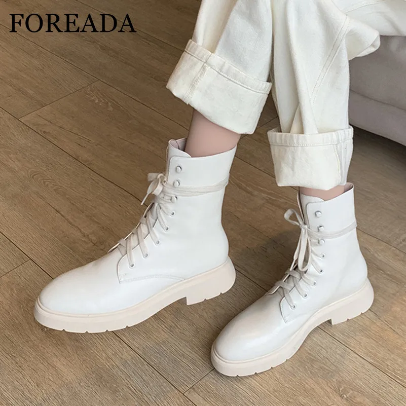 FOREADA Med Heel Ankle Boots Woman Real Leather Motorcycle Boots Lace Up Short Boots Thick Heel Female Shoes Autumn Winter Beige
FOREADA Med Heel Ankle Boots Woman Real Leather Motorcycle Boots Lace Up Short Boots Thick Heel Female Shoes Autumn Winter Beige