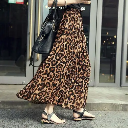 Летняя женская длинная юбка с леопардовым принтом эластичная шифоновая