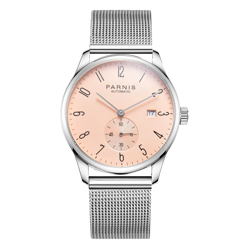 

Parnis 41.5MM White Dial Mechanical Automatic Men Watches Stainless Steel Case Calendar Mesh Strap Wristwatch Top Luxury Brand