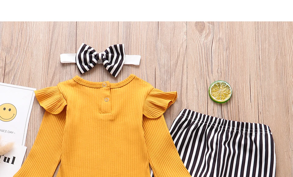 Newborn Baby Girl Clothes Set Fashion Autumn Long Sleeve Solid Color Romper Tops Stripe Pants Headband Infant Clothing Outfits