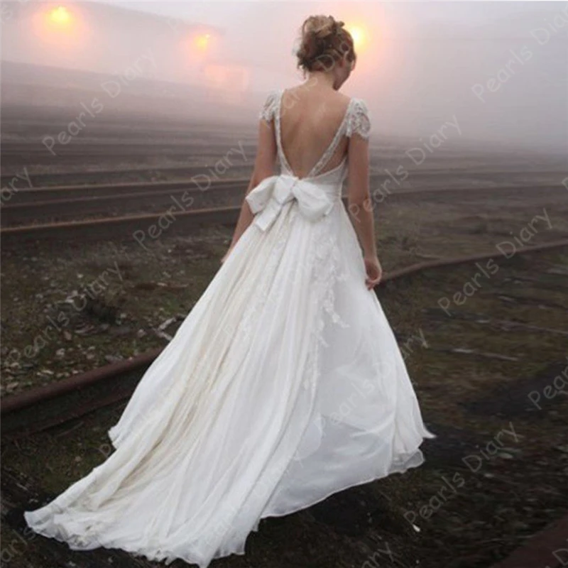 Delicate-A-line-Lace-Chiffon-Bridal-Gowns-2020-Fashion-V-neck-Cap-Sleeve-Backless-Bow-Sweep (1)