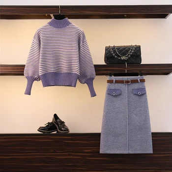 Plus Size 2 Piece Women's Suit Winter Autumn Loose Thick Stripe Women Knit Suit Pullover Sweater And A Line Dress With Belt 
Plus Size 2 Piece Women's Suit Winter Autumn Loose Thick Stripe Women Knit Suit Pullover Sweater And A Line Dress With Belt