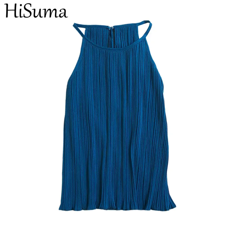 Женская летняя плиссированная Базовая рубашка HISUMA без рукавов с круглым вырезом