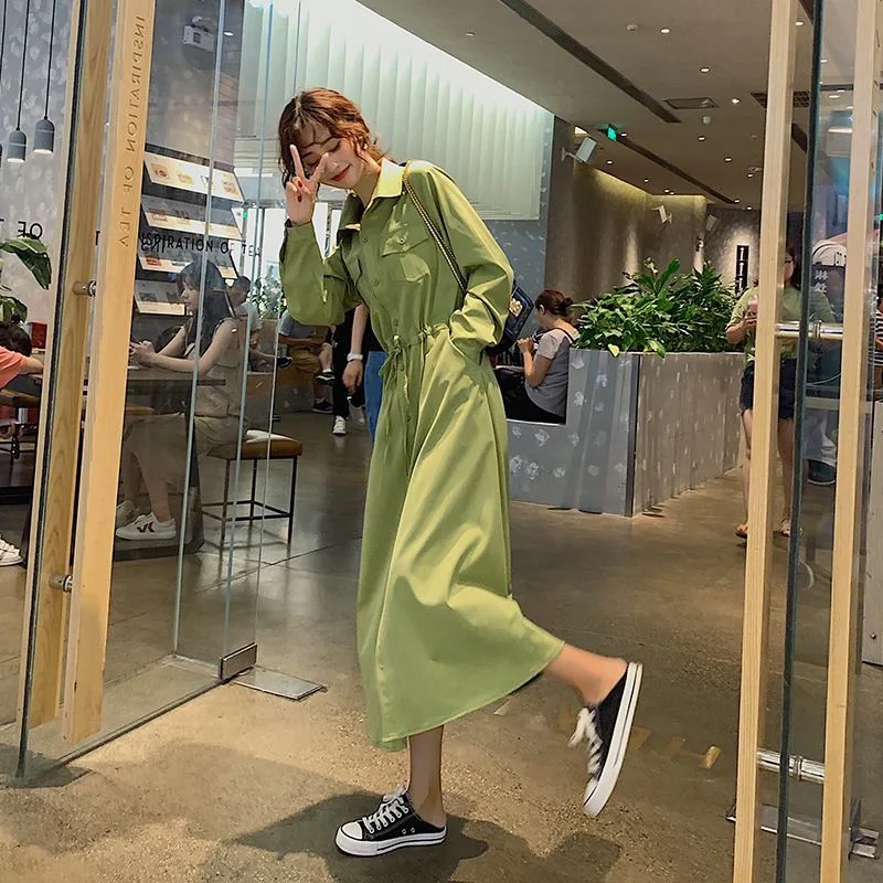 Photo Shoot Main Push INS Normcore Style Avocado Green Fold-down Collar Single Breasted Drawstring Waist Hugging Long-sleeved Sh
Photo Shoot Main Push INS Normcore Style Avocado Green Fold-down Collar Single Breasted Drawstring Waist Hugging Long-sleeved Sh