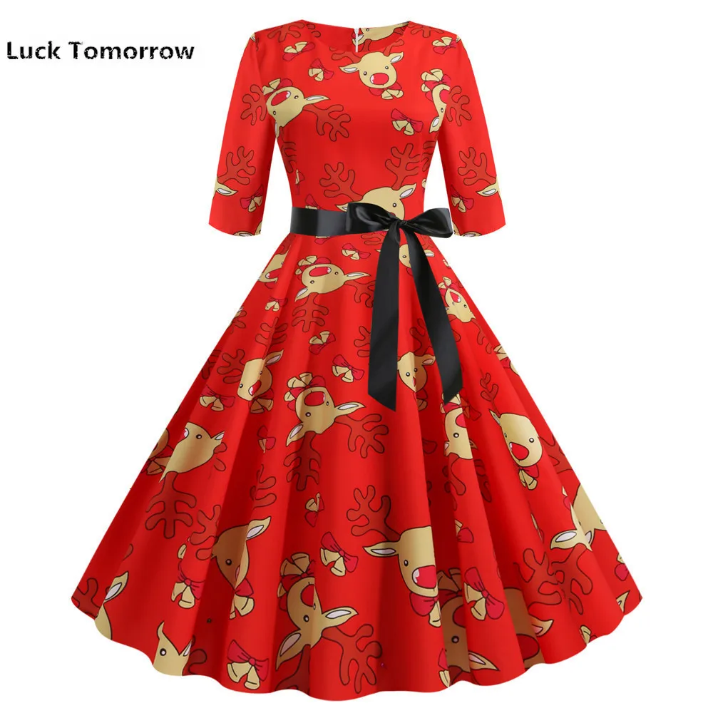 Red Christmas Deer Print Vintage Dress Women Half Sleeve Elegant Party Dress Fall Winter Female Casual A-line Dress Tunic 2019
Red Christmas Deer Print Vintage Dress Women Half Sleeve Elegant Party Dress Fall Winter Female Casual A-line Dress Tunic 2019