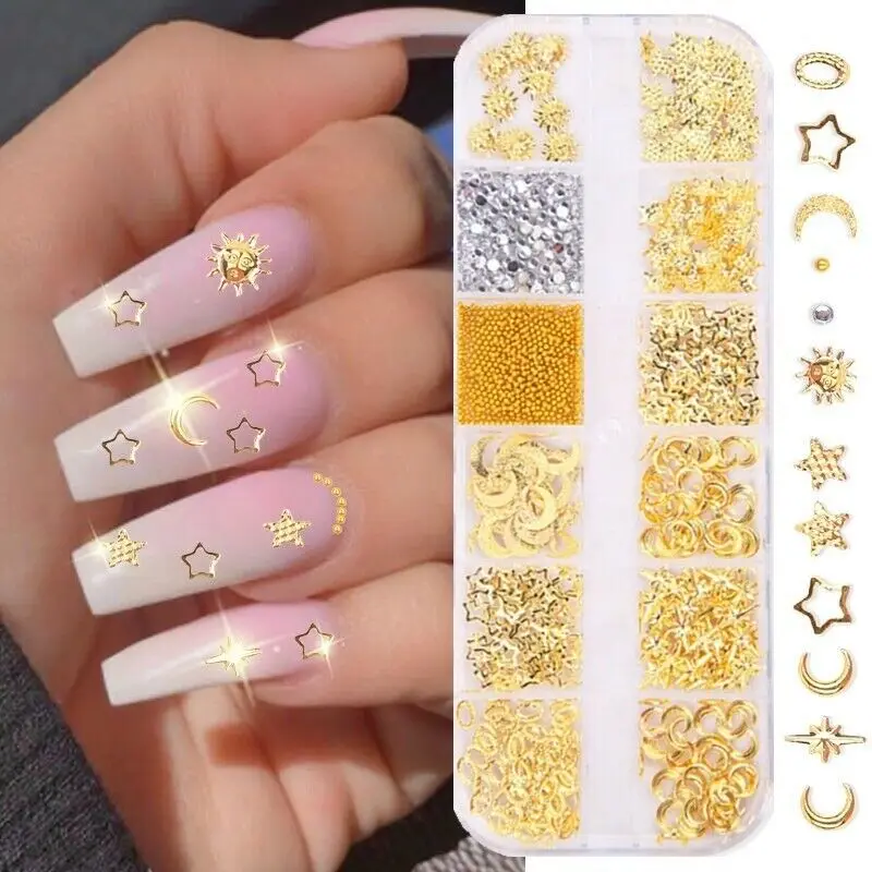 12pcs / box mixed style nail art moon stars gold metal rivets 3D charm DIY nail art decoration accessories
12pcs / box mixed style nail art moon stars gold metal rivets 3D charm DIY nail art decoration accessories