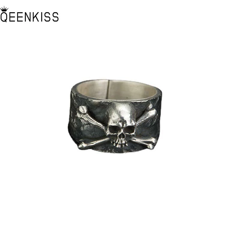 

QEENKISS RG6678 Fine Jewelry Wholesale Fashion Male Man Birthday Wedding Gift Retro Skull Round 925 Sterling Silver Open Ring