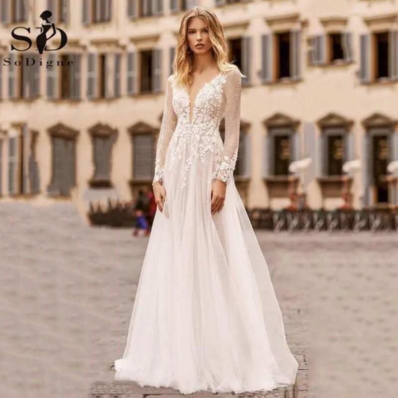 SoDigne Long Sleeves Wedding Dress Lace Appliques Tulle Backless Bridal Dress Princess Wedding Gowns Boho
SoDigne Long Sleeves Wedding Dress Lace Appliques Tulle Backless Bridal Dress Princess Wedding Gowns Boho
