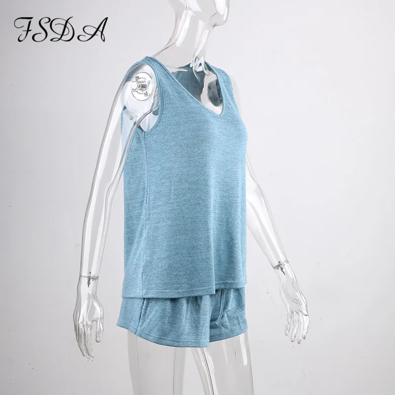 FSDA V Neck Knit Summer Sleeveless T Shirt And Shorts Casual Two Piece Women Sets Striped White Outfits