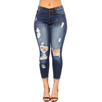 Ladies spring and autumn new fashion hole jeans women high elastic nine pants jeans hole in the waist Slim woman jeans 
Ladies spring and autumn new fashion hole jeans women high elastic nine pants jeans hole in the waist Slim woman jeans