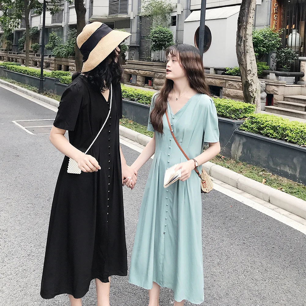 Fat Mm Large Size Elegant V-neck High-waisted Long Skirts Women's Single-Breasted Suitable Waist Thick Dress Summer 2019 New Sty 
Fat Mm Large Size Elegant V-neck High-waisted Long Skirts Women's Single-Breasted Suitable Waist Thick Dress Summer 2019 New Sty