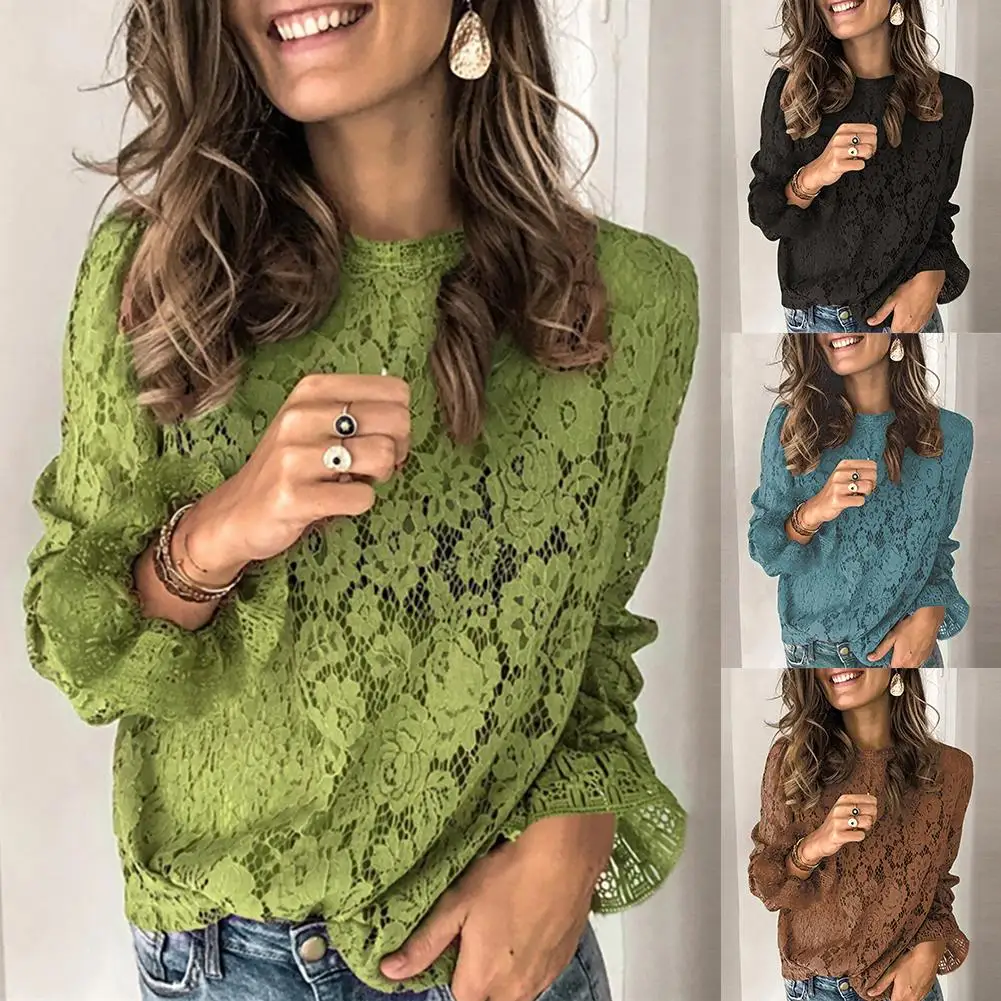 Sexy Women Solid Color Flared Sleeve O Neck Hollow Out Lace Blouse Shirt Top Elegant Office Lady blouse shirt Autumn Tops Casual 
Sexy Women Solid Color Flared Sleeve O Neck Hollow Out Lace Blouse Shirt Top Elegant Office Lady blouse shirt Autumn Tops Casual