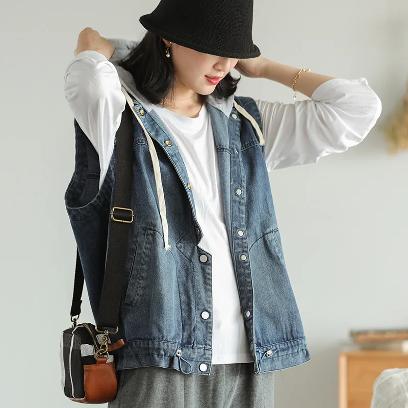 Vests Women Denim Coats Hooded Sleeveless Single Breasted Wild 2019 Autumn Loose Casual Spliced Fashion Tops Coats Female
Vests Women Denim Coats Hooded Sleeveless Single Breasted Wild 2019 Autumn Loose Casual Spliced Fashion Tops Coats Female