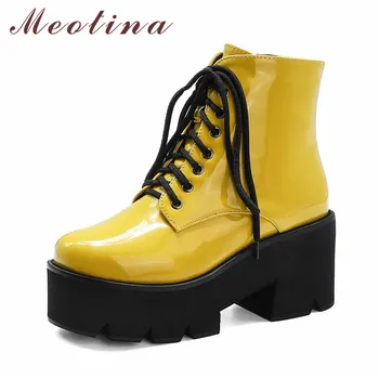 Meotina Women Ankle Boots Shoes Patent Leather Platform High Heel Short Boots Lace Up Zip Chunky Heels Ladies Boots Yellow 43
Meotina Women Ankle Boots Shoes Patent Leather Platform High Heel Short Boots Lace Up Zip Chunky Heels Ladies Boots Yellow 43