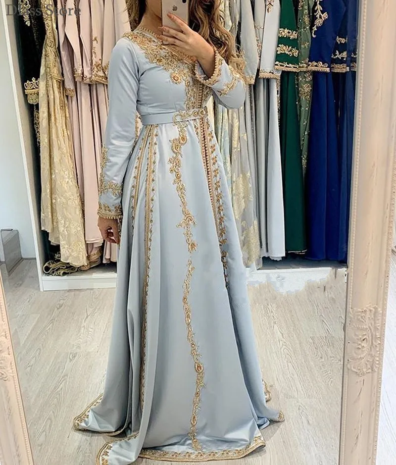 Light Blue Evening Dress A-line Floor Length Golden Applique Long Sleeves Applique Satin Elegant Prom Dress
Light Blue Evening Dress A-line Floor Length Golden Applique Long Sleeves Applique Satin Elegant Prom Dress