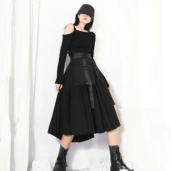 

LANMREM 2020 Autumn New irregular bandage elastic waist black skirt women's belt design fashion Asymmetric loose skirt YJ950