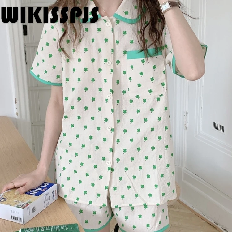 

WIKISSPJS 2022 Summer New Color Matching Clover Short Sleeve Shorts Loungewear Pajama Set Women Two Piece Set Summer