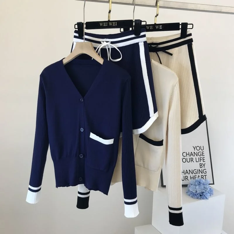

Fashion Casual Sweater Tracksuit Knitted 2 Piece Set Women Cardigan Coat Tops + Wide Leg Short Pant Two Piece Trouser Suits