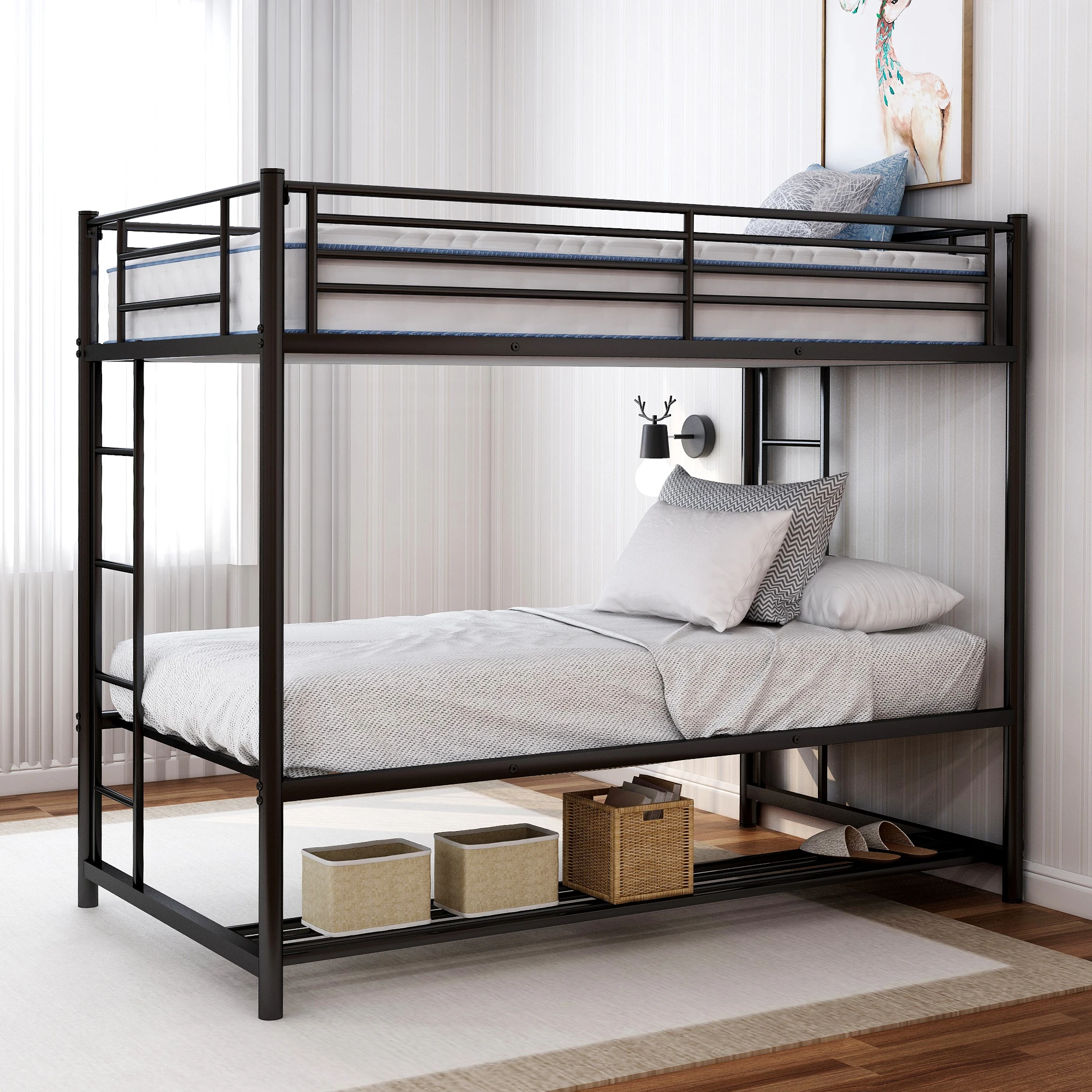 Twin Over Twin Bunk Beds with Storage,Metal Bed Frame Twin Size Platform Bed Storage Bed Mattress Foundations,White/Black/Gray
Twin Over Twin Bunk Beds with Storage,Metal Bed Frame Twin Size Platform Bed Storage Bed Mattress Foundations,White/Black/Gray