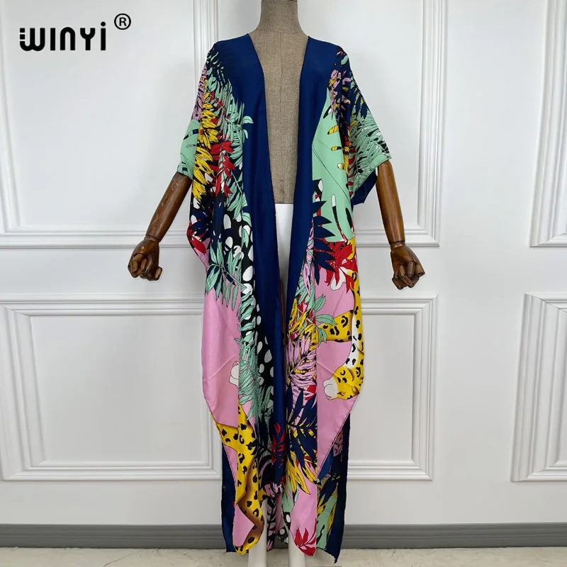 

2021 WINYI new Cotton Bikini Sweet Lady Pink Boho Print Self Belted Front Open Long Kimono Dress Beach Tunic Women Wrap Dresses